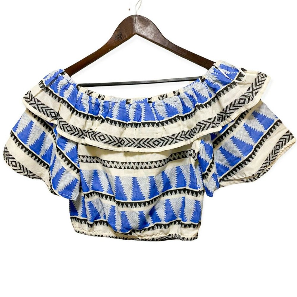 Elan Womens Size M Top Tribal Aztec Sleeveless Strapless Off Shoulder Boho Blue